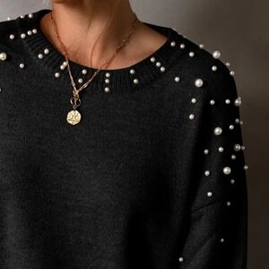 Pearl Beaded Knit Sweater Classy Pullover Long Sleeve Round Neck Elegant Top